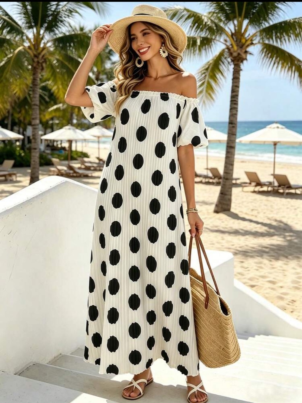 Off-Shoulder Black & White Polka Dot Maxi Dress - Picture 3 of 4